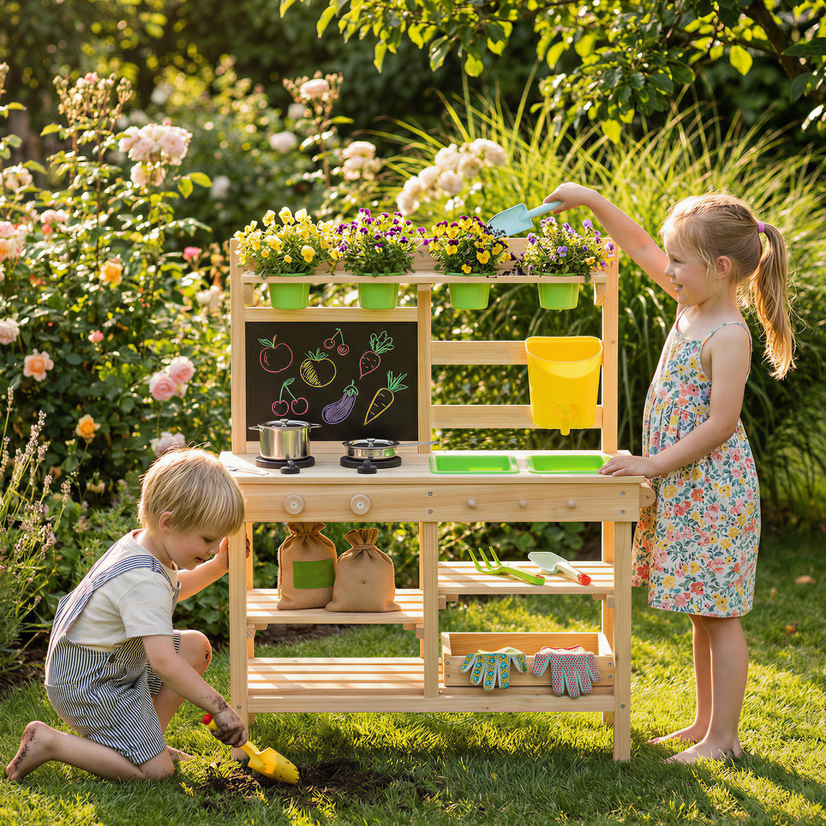 OUTDOOR-KINDER-MATSCHKÜCHE Tannenholz Kunststoff Naturholz - Naturfarben, Holz (32/77cm) - AIYAPLAY