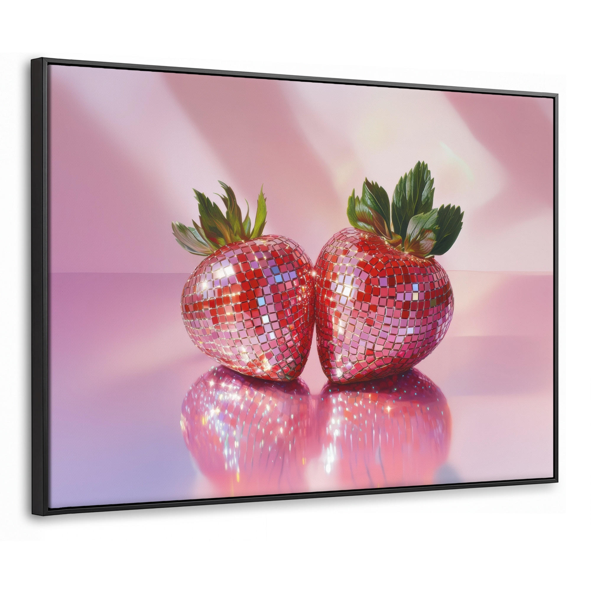 LEINWAND Bilder mit Rahmen - Disco - Obst - Glitzer - Erdbeere - 100x70 - Pink, Textil (100/70cm) - MuchoWow