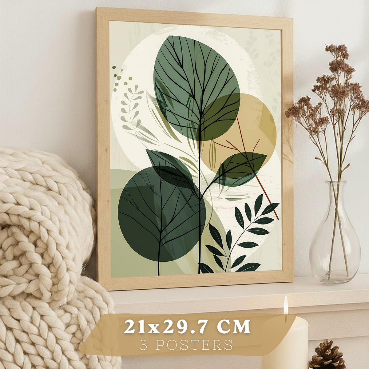 POSTER 3er Kunstdruck-Set Wandbilder Pflanzen Abstrakt modern Wohnzimmer Deko, Schlafzimmer, Küche, Badezimmer Leichter Holzrahmen A4 - Beige, Papier (29.7/1/21cm) - Nacnic