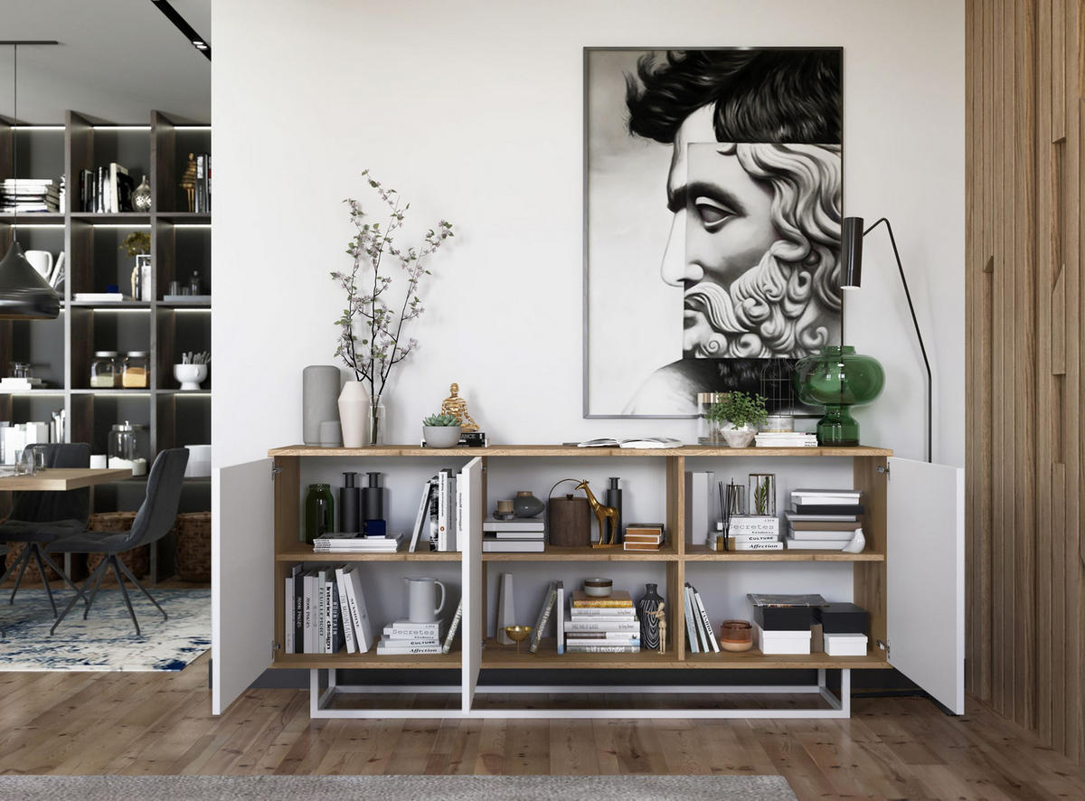 KOMMODE Apollo 3D Eiche wotan Weiß Matt 168 cm - Weiß, Holzwerkstoff/Metall (168/72/35cm) - Meble Lindner
