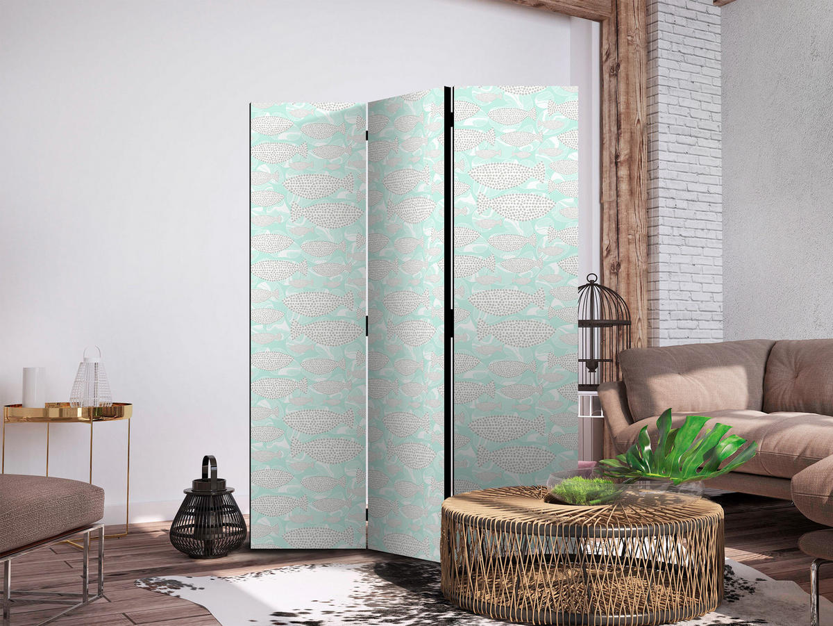 PARAVENT Einseitig Bedruckter 3-tlg 135x172 cm Abstrakte Fische Boho - Grün, Holz/Textil (135/172/3cm) - Muralo
