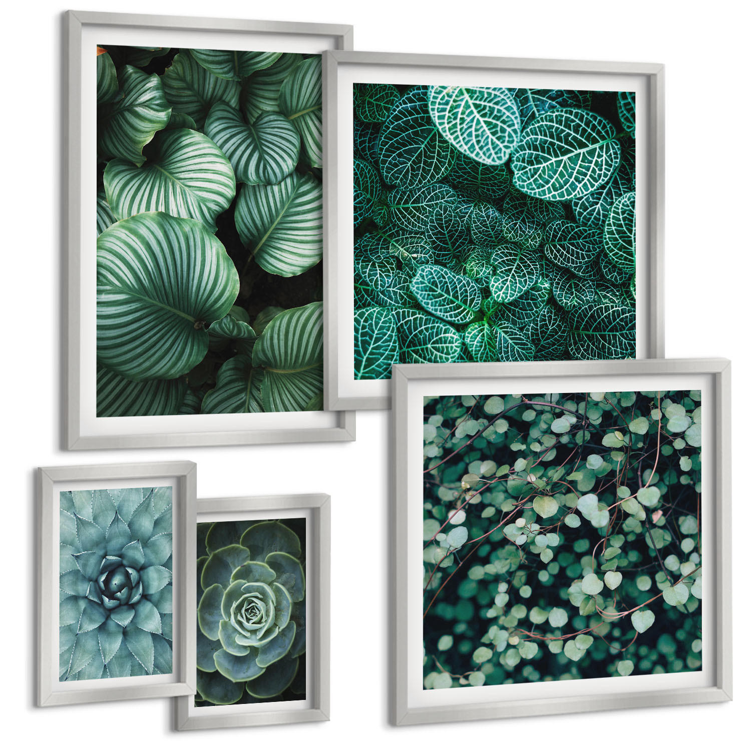 BILDER SET 5er Set - 50x50 cm & 20x30 cm & 40x60 cm Silberner Rahmen - Meerstrand Zitronen Berge - Silberfarben, Kunststoff (40/60cm) - TULUP