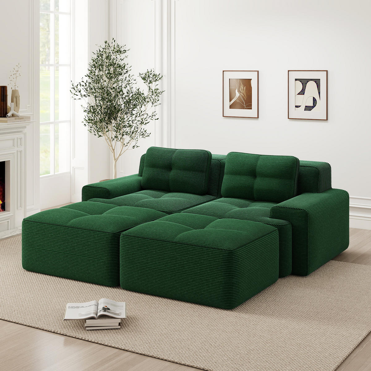 2-SITZER SOFA Cord Grün mit Ottoman - Grün, Textil (204/69/177cm) - WISHDOR
