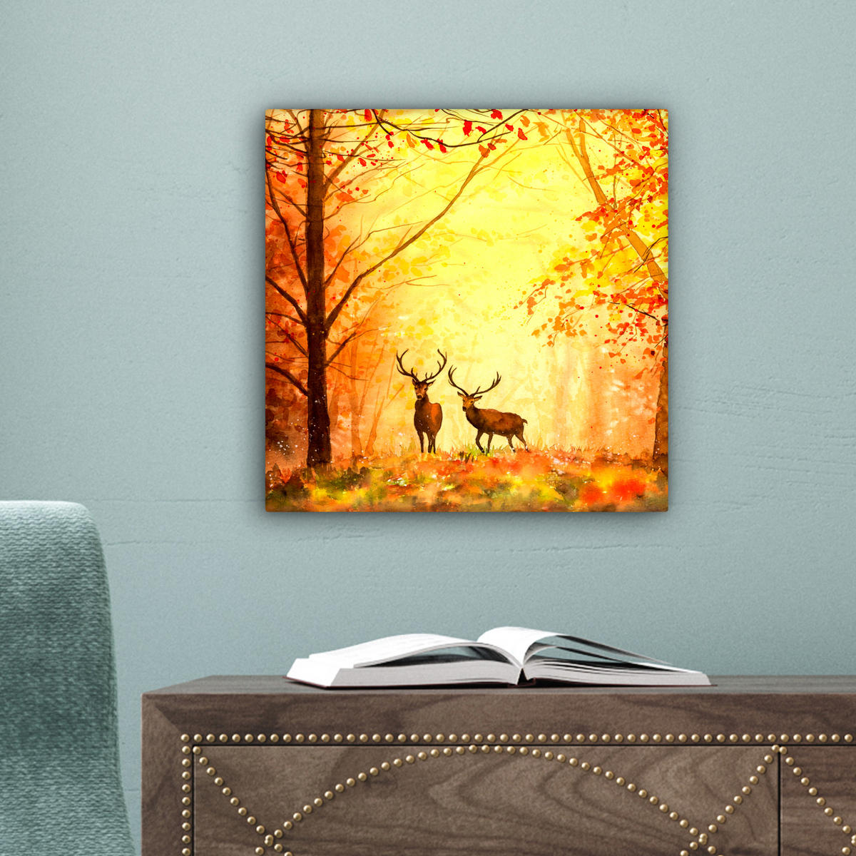 LEINWANDBILD Natur - Ölfarbe - Hirsche - Tiere - Herbst - Orange 20x20 cm - Orange, Textil (20/20cm) - MuchoWow