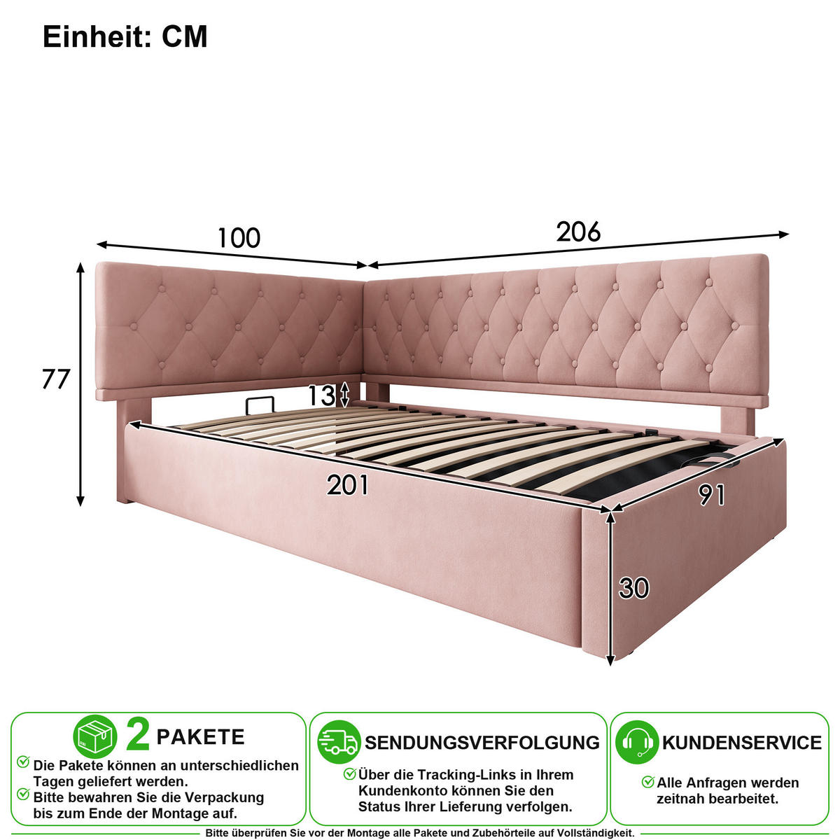 POLSTERBETT 90/200 cm in Rosa Samt mit Bettkasten - Rosa, Holzwerkstoff/Textil (90/200cm) - CHICFURN