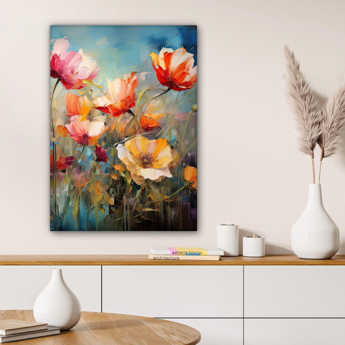 LEINWANDBILD Blumen - Aquarell - Kunst - Botanisch - Natur Wandbild Wohnzimmer 60x80 cm - Orange, Textil (60/80cm) - MuchoWow