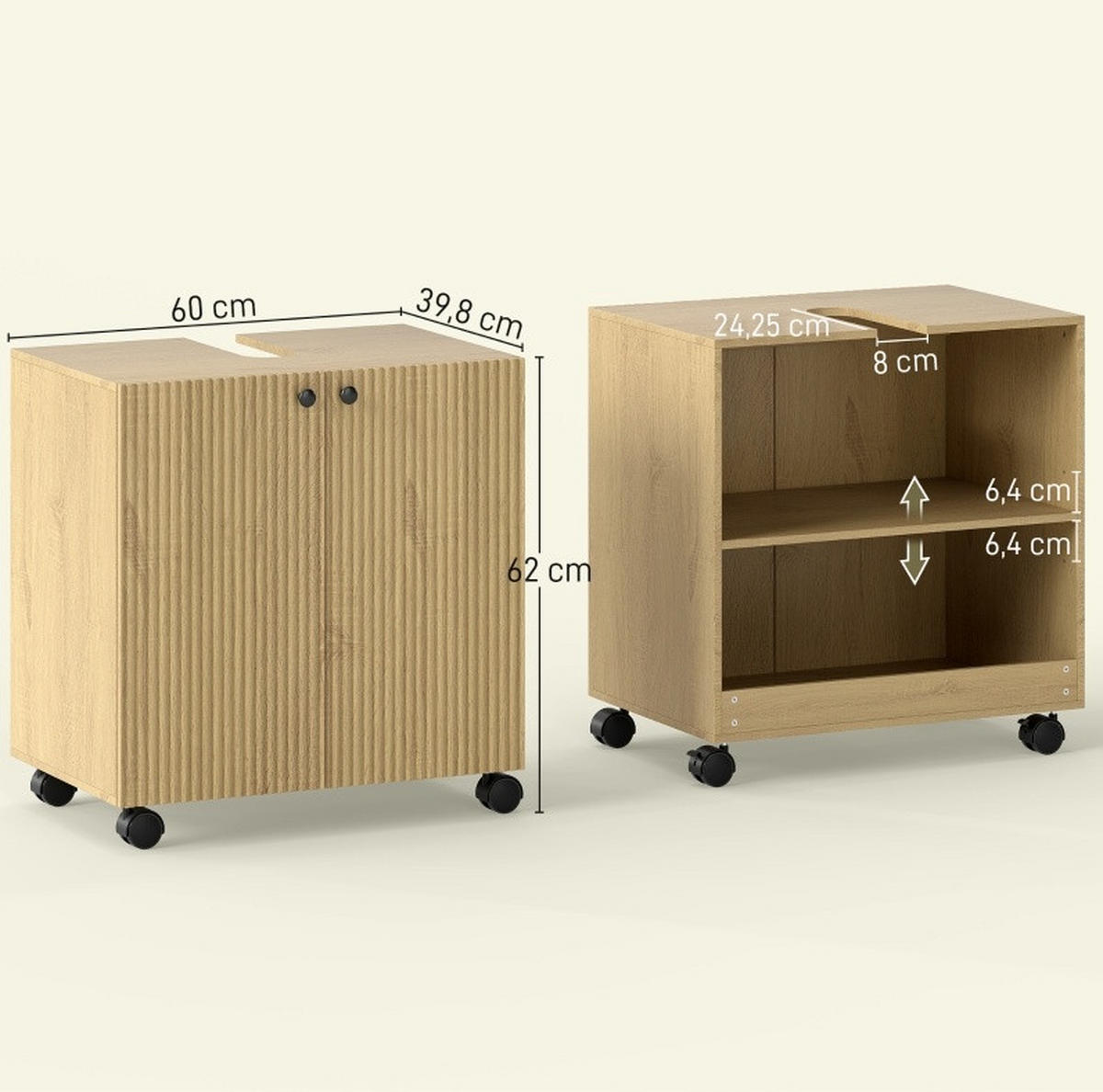 WASCHBECKENUNTERSCHRANK mit Rollen und Soft-Close Naturholz - Naturfarben, Holzwerkstoff (39.8/62/60cm) - Beauniv