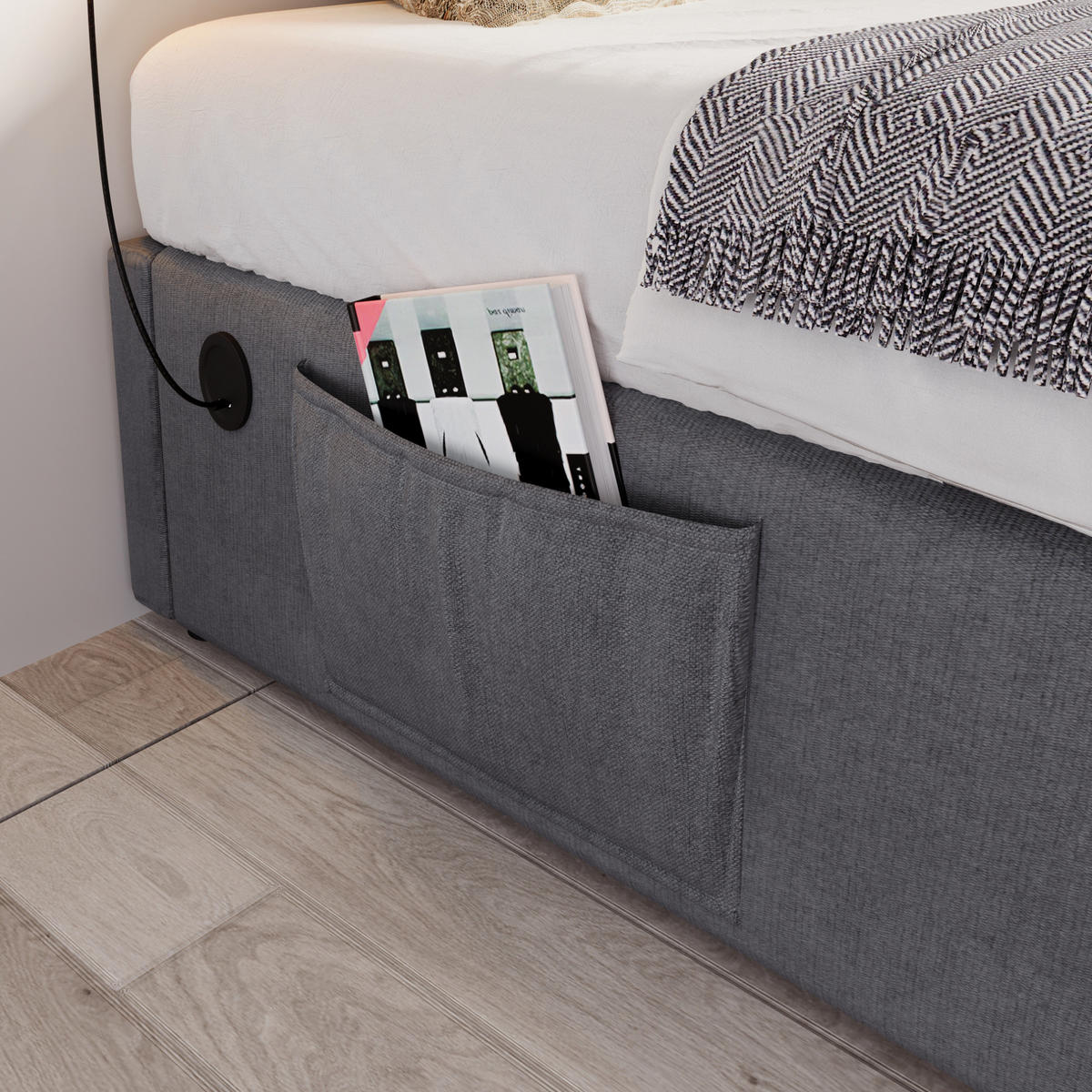 TAPECIRANI krevet 90/190 cm sivi od pamučnog lana s prostorom za odlaganje i USB/Type-C - siva, tekstil (90/190cm) - OKWISH