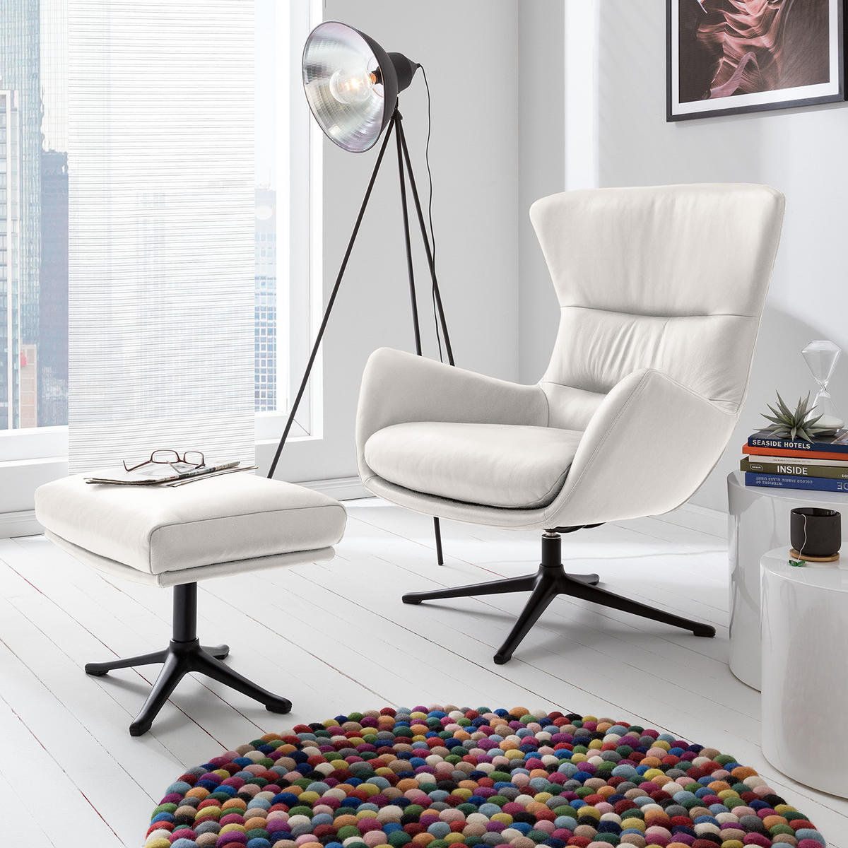 HOCKER mit Kreuzfuß - Schwarz/Weiß, Leder/Metall (54/41/41cm) - home24