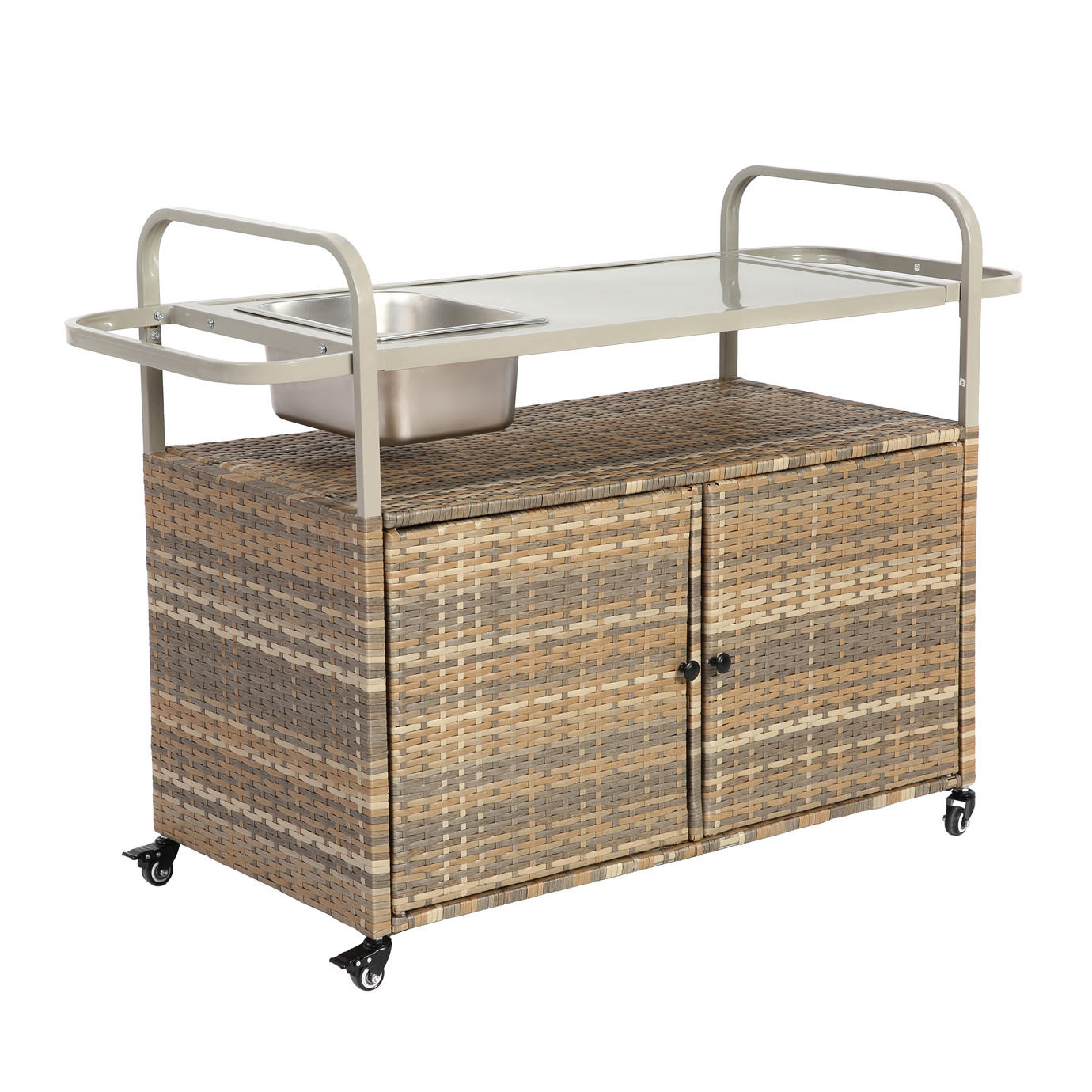 OUTDOOR-BARWAGEN 131 cm Beige Stahl & Rattan – Servierwagen mit Eisbehälter, Schrank & Lenkrollen - Beige, Metall (131/91/50cm) - Urban Meuble