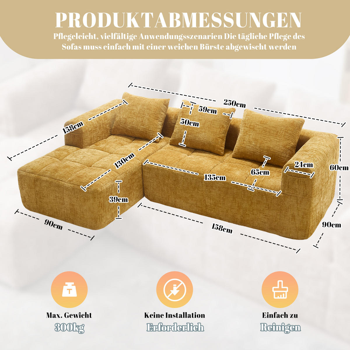 ECKSOFA chenille L-form mit chaiselongue & 3 kissen - Gelb, Textil (250/158cm) - Urban Meuble