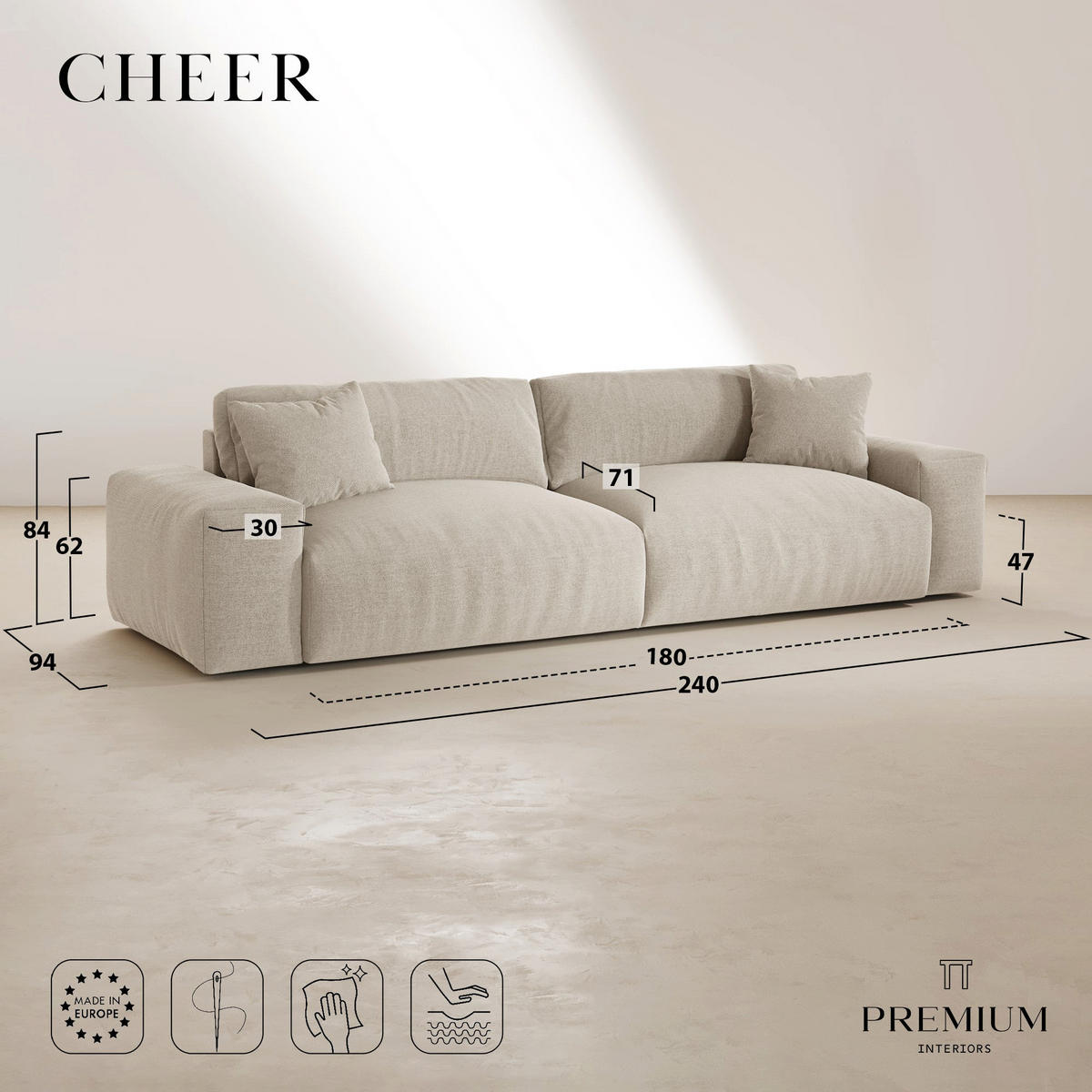 SOFA CHEER Geprägter Samt Terrakotta 240cm - Dunkelorange/Terracotta, Textil (240/84/94cm) - Premium Interiors