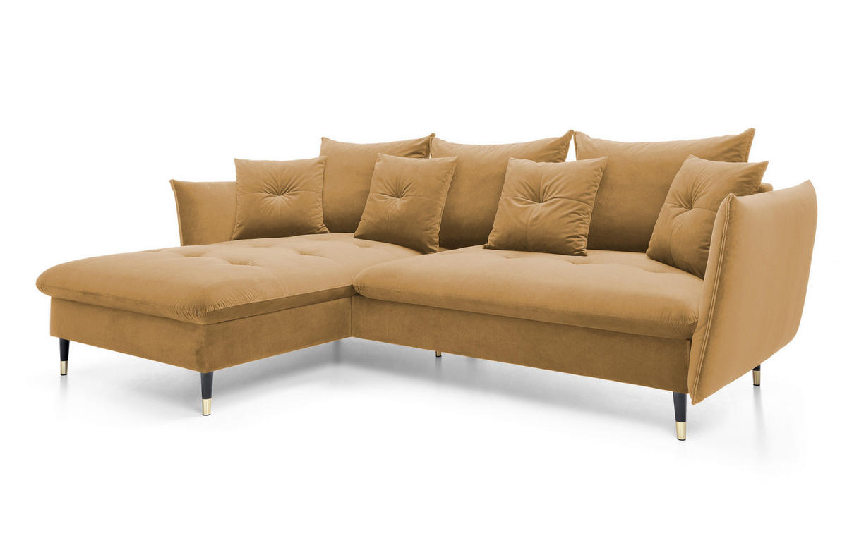 ECKSOFA GLAM mit Schlaffunktion, Ottomane & goldenen Füßen – Samtsofa im Glamour-Stil mit Zierkissen, 258x167x91cm, Linke, PLATINUM - Platinfarben, Holz/Textil (167/258cm) - DomoHome