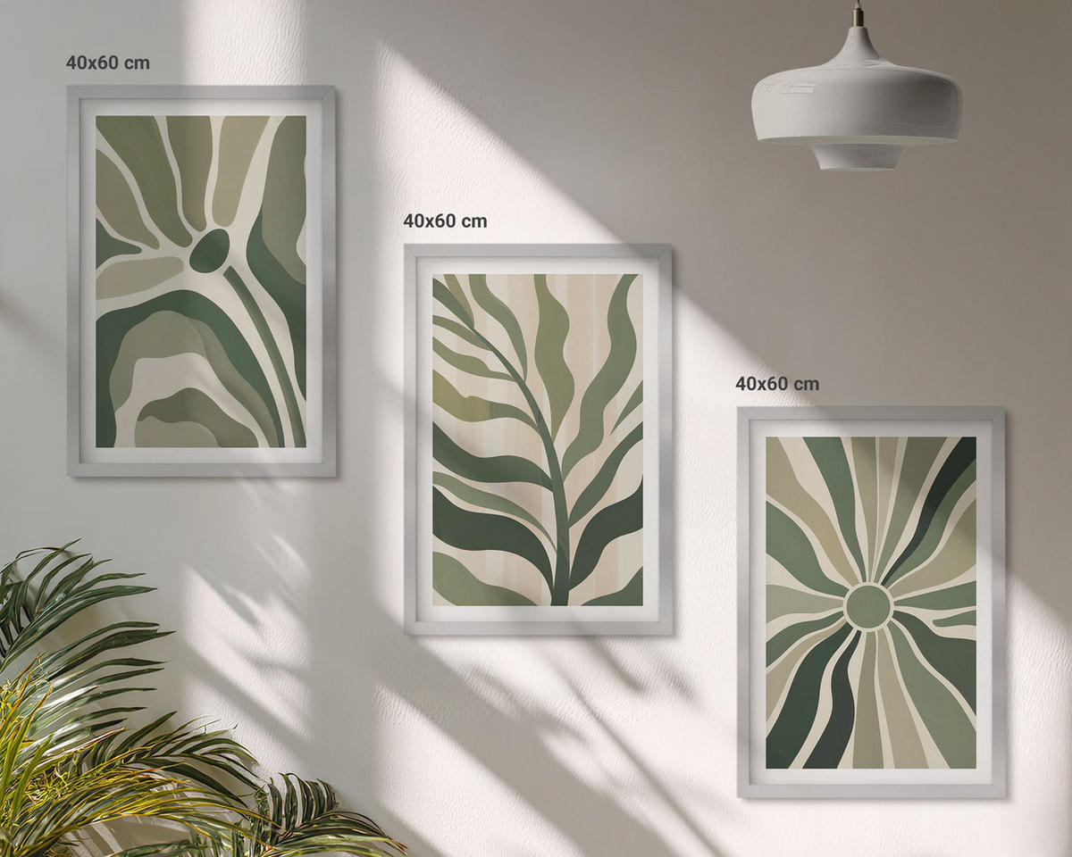 BILDER SET 3er Set - 40x60 cm Silberner Rahmen - Grüne und beige Pflanzenmuster - Silberfarben, Kunststoff (40/60cm) - TULUP