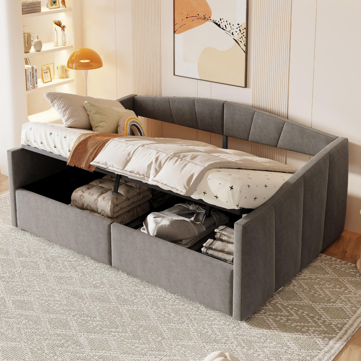 POLSTERBETT 140/200 cm Grau aus Samtstoff mit Bettkasten - Dunkelgrau, Leder (140/200cm) - OKMYHOME