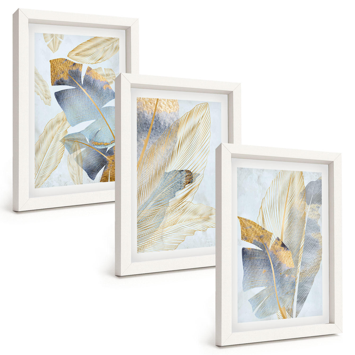 BILDER SET 3er Set - 20x30 cm Weißer Rahmen - Hellblau-beige Blätter - Weiß, Kunststoff (20/30cm) - TULUP