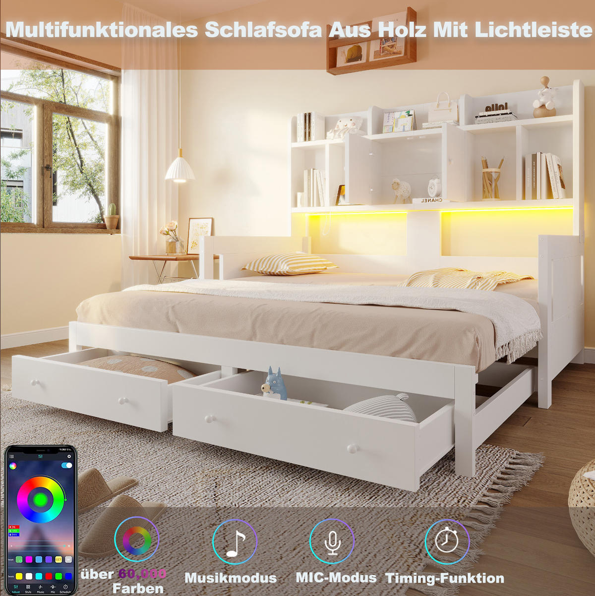AUSZIEHBARES Schlafsofa aus Holz 90x190/180x190 cm Weiß mit Schubladen, LED-Beleuchtung und Steckdose - Weiß, Holz (90/190cm) - IVMEU