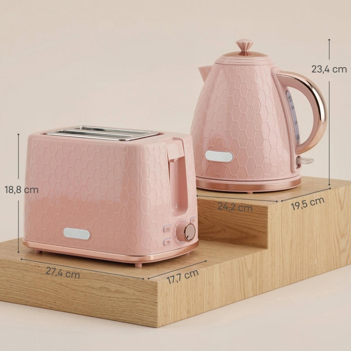 WASSERKOCHER-TOASTER SET Rosa Geriffelt 1,7 L 2200W - Pink, Kunststoff (19.5/23.4/24.2cm) - Rolipo