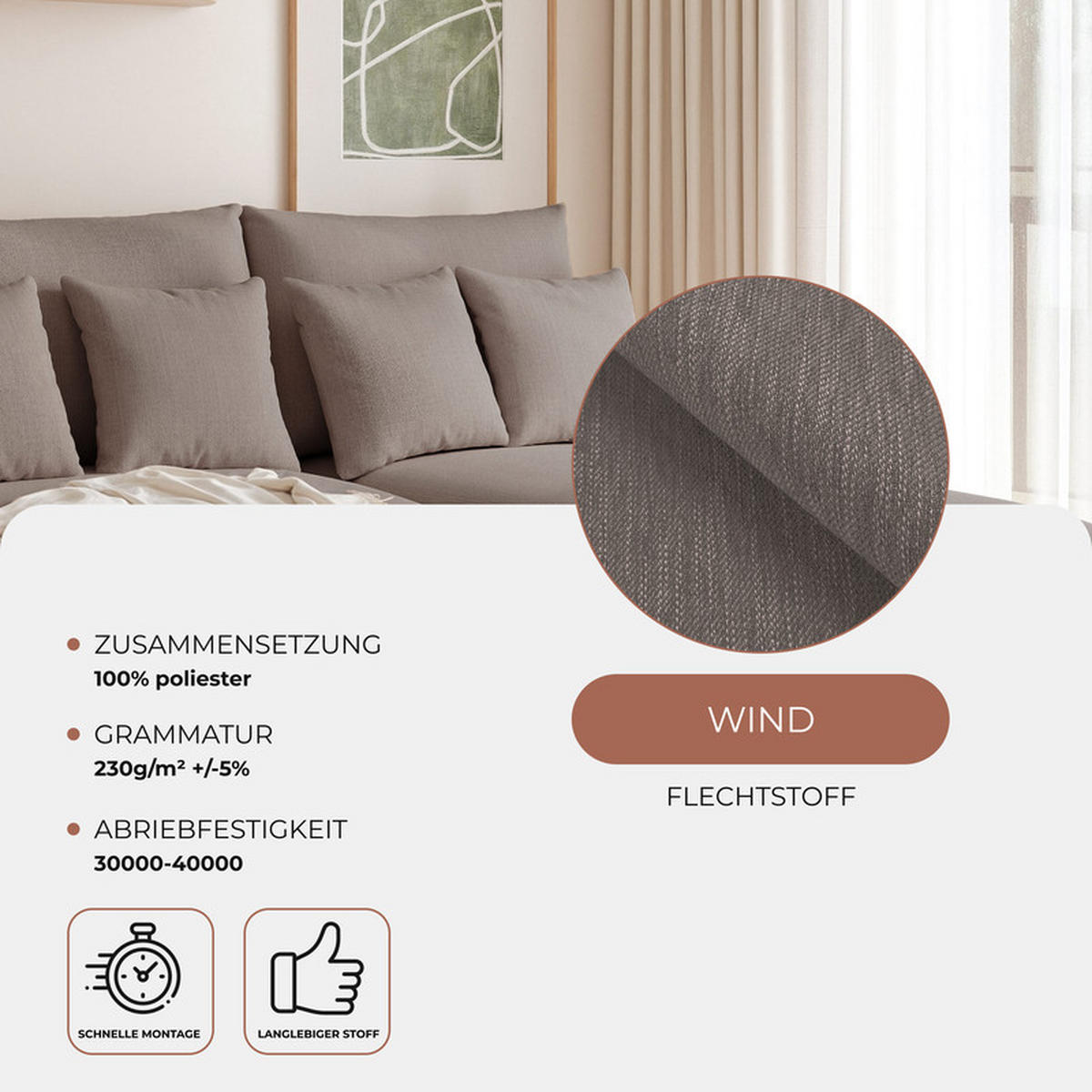 ECKSOFA ELVO mit Schlaffunktion und Bettkasten Dunkelbeige - Taupe, Holzwerkstoff/Kunststoff (208/190cm) - Idohome