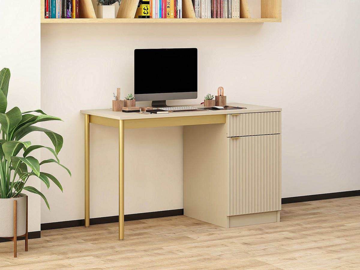 SCHREIBTISCH mit Stauraum - MDF und Metall - Beige und Gold - MILIAKI - Beige, Holz (55/120/75cm) - Vente-Unique