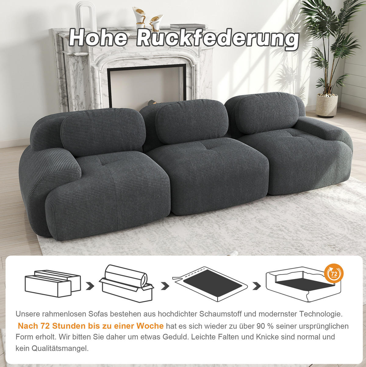 SOFA in Grau aus Cord mit rutschfester Unterseite - Grau, Textil (103/70/298cm) - Flora Grace