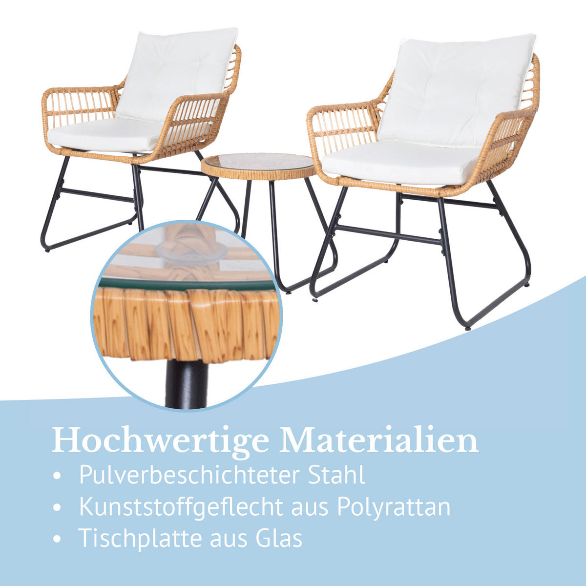 BALKONSET 3-teilig aus Rattan, natur - Naturfarben, Kunststoff - SVITA