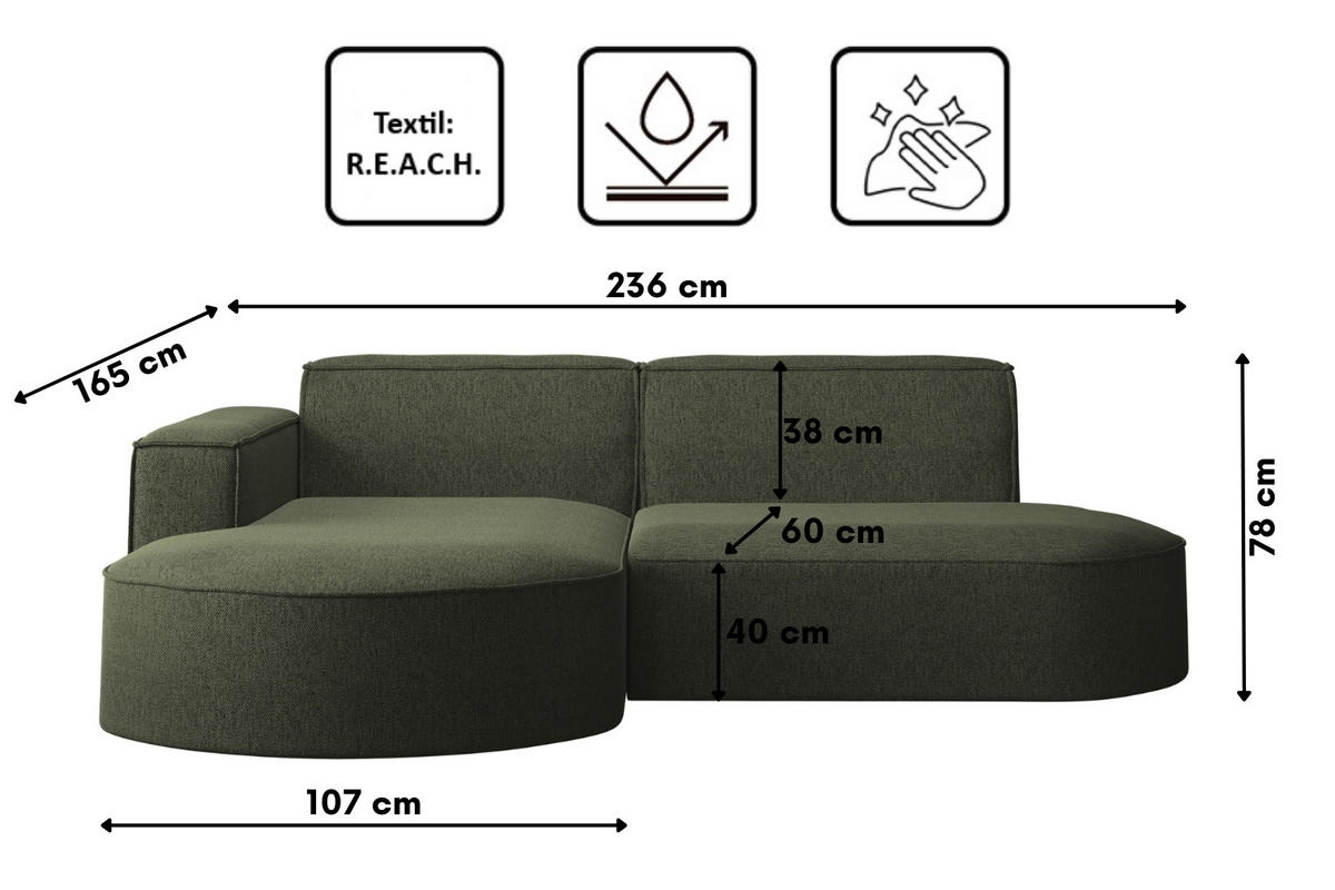 ECKSOFA MODENA L STUDIO Stoff Verita Dunkelgrun Links - Dunkelgrün, Holz (165/236cm) - Kaiser Möbel
