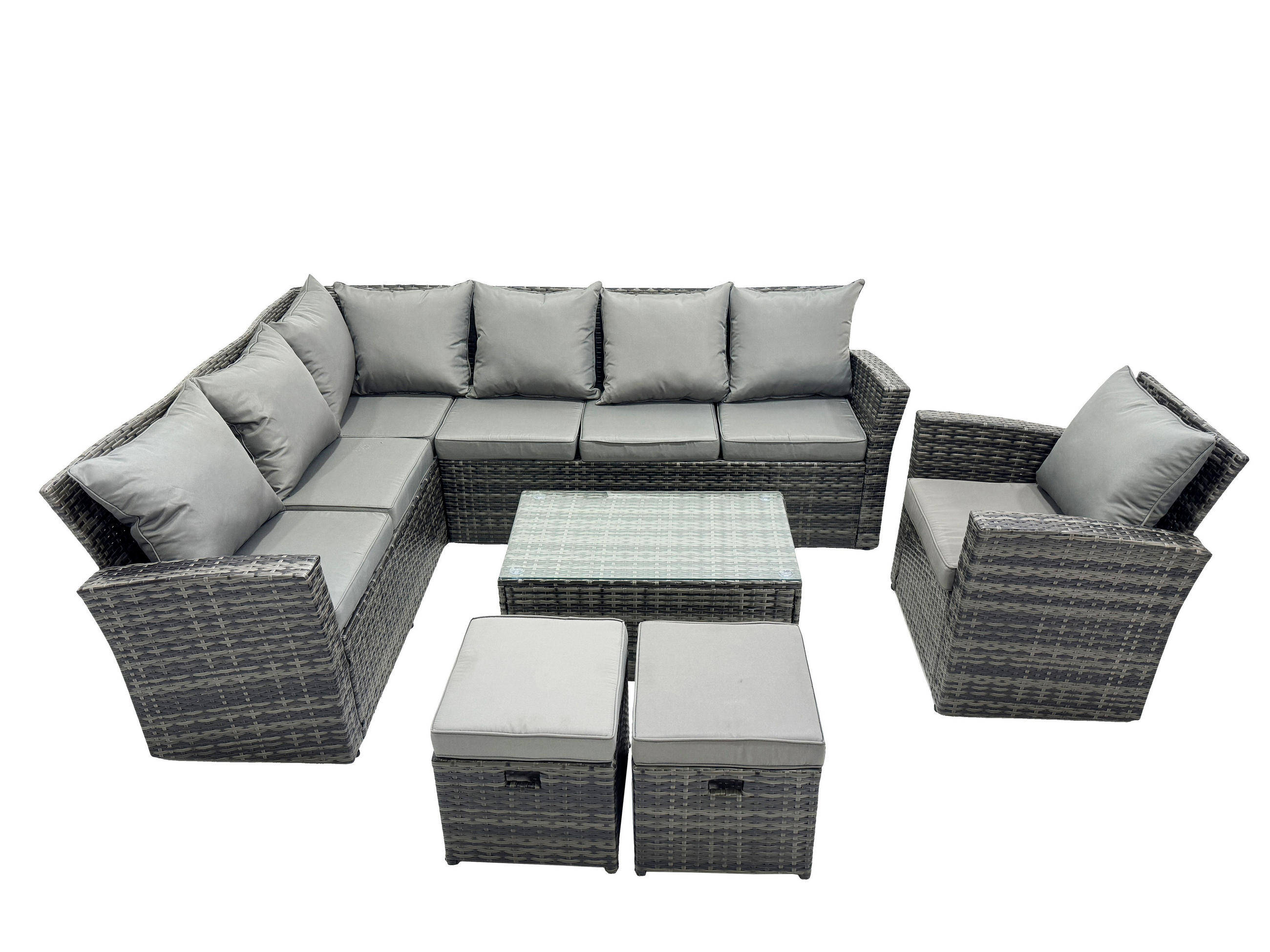 LOUNGEMÖBEL-SETS mit Couchtisch Sofa Polyrattan Dunkelgrau 9-Sitzer - Dunkelgrau/Grau, Glas/Kunststoff - Fimous
