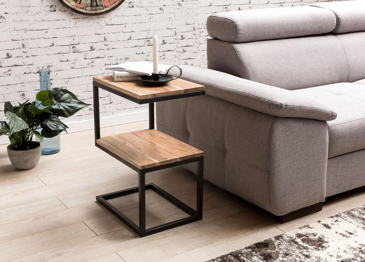 BEISTELLTISCH Massivholz S-Design Metallgestell Ablageflächen INDI, Beige 45x30x60 cm - Beige/Schwarz, Holz/Metall (30/45/60cm) - KADIMA DESIGN