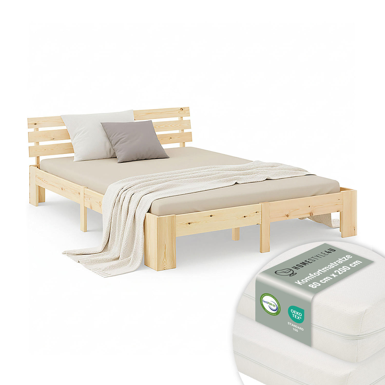 HOLZBETT Natur 160/200 cm Doppelbett mit Matratze - Naturfarben, Holz (160/200cm) - Homestyle4u