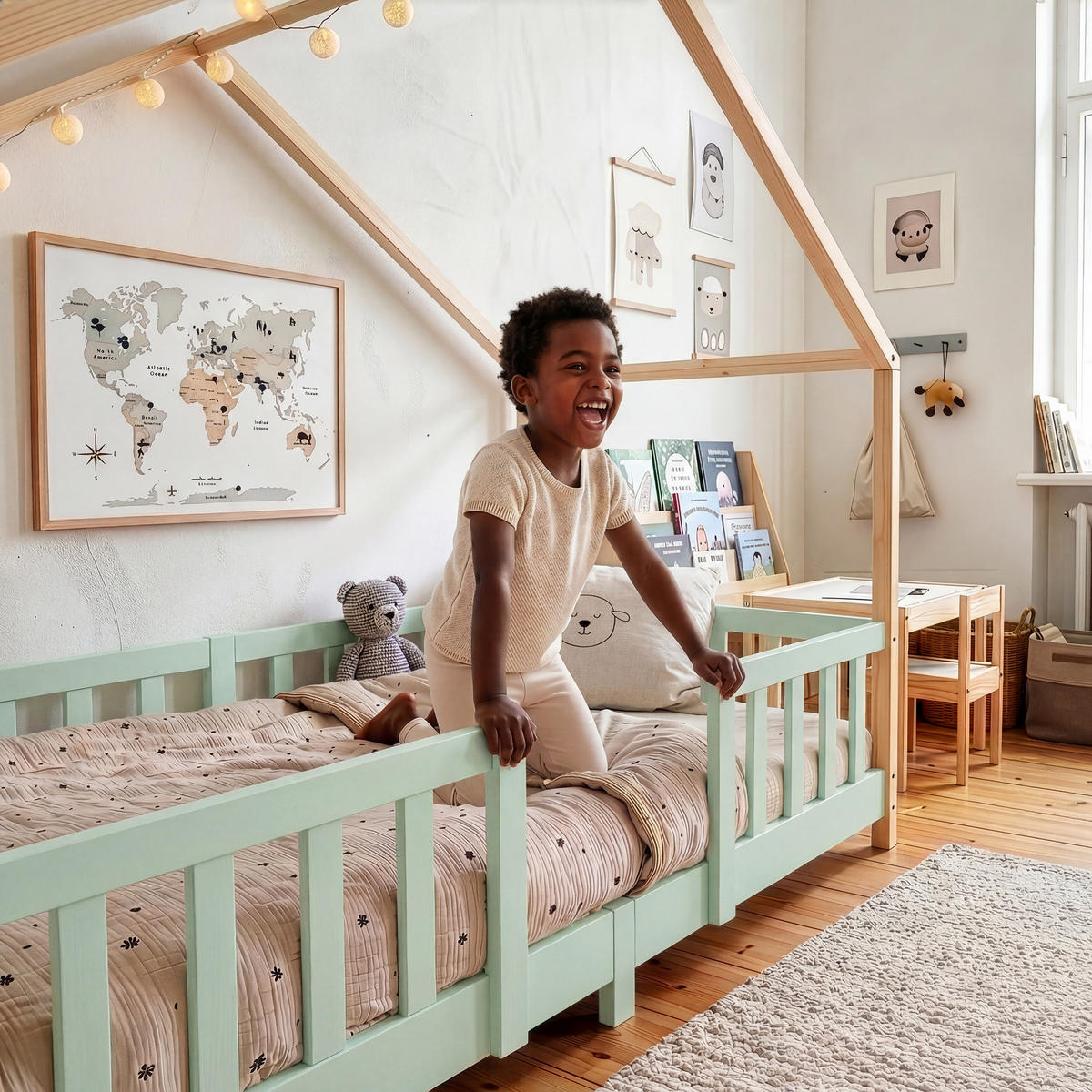 HAUSBETT Treviolo - Naturfarben/Mintgrün, Holz (90/200cm) - [en.casa]