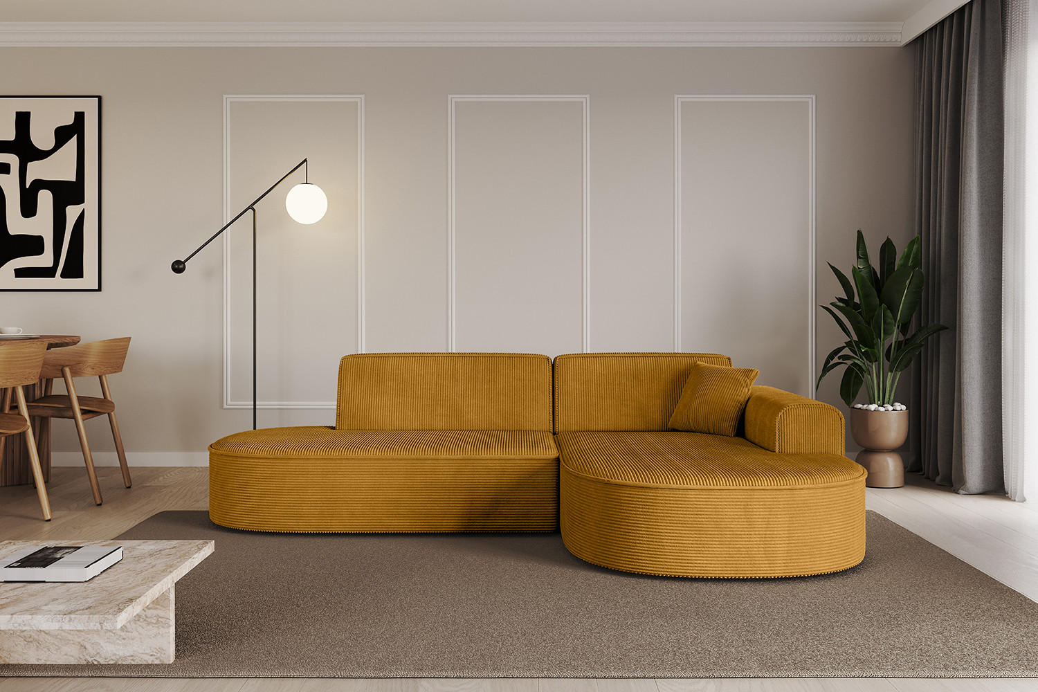 ECKSOFA Ottomane Rechts MARI-L1 - 232x163x73,5 cm Senfgelb Cord - Gelb/Schwarz, Holzwerkstoff/Kunststoff (234/163cm) - ALTDECOR