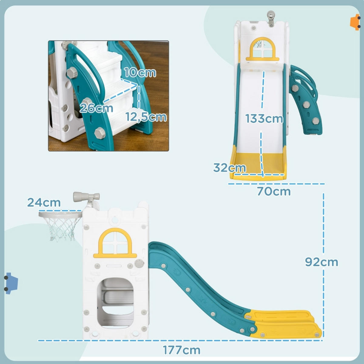KINDERRUTSCHE 4-in-1 mit Klettergerüst und Basketballkorb Gelb 70 x 177 x 92 cm - Gelb, Kunststoff (177/92/70cm) - Korfee