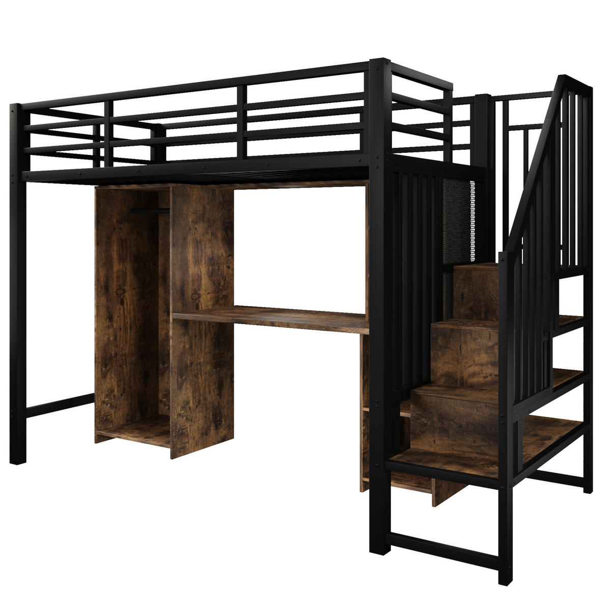 HOCHBETT 90/200 cm in Schwarz mit Schreibtisch, Kleiderschrank und Stauraum - Schwarz, Metall (90/200cm) - BEAOK