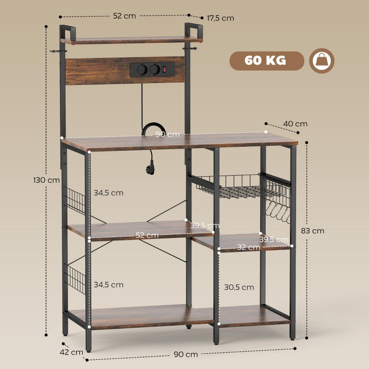 KÜCHENREGAL 90x42x130cm Braun mit verstellbarem Regal, Drahtkorb & Haken - Braun, Holz (90/130/42cm) - Modfu