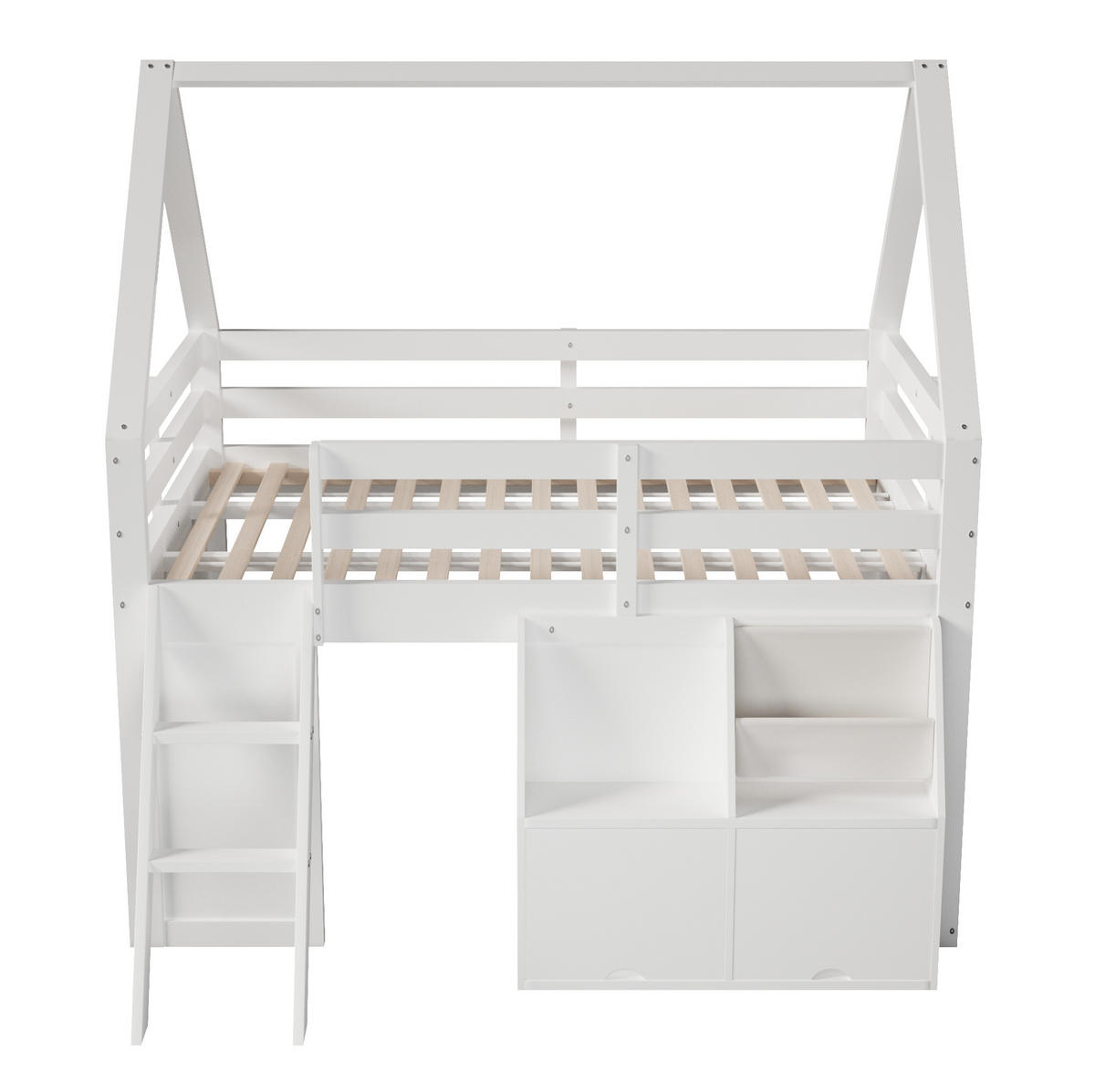 HOCHBETT aus Holz 140x200 cm Weiß mit Treppe, LED-Beleuchtung, Aufbewahrungsboxen und Stofftaschen - Weiß, Holz (140/200cm) - Modfu