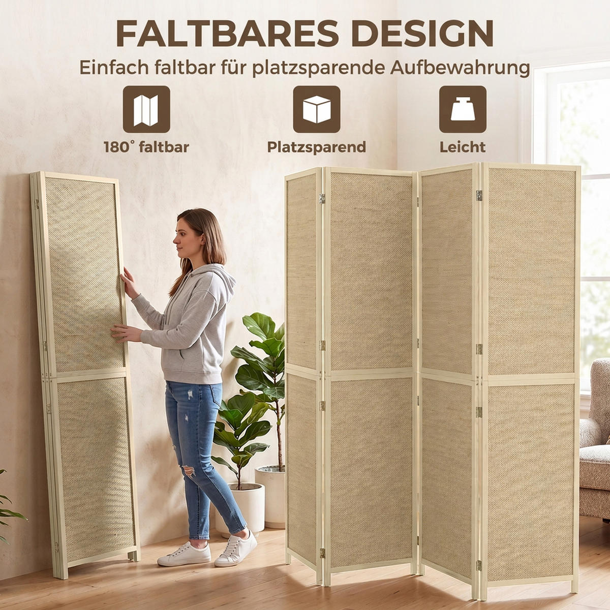 PARAVENT Bambus Kiefernholz Naturholz - Naturfarben, Naturmaterialen/Holz (1.7/180/180cm) - HOMCOM
