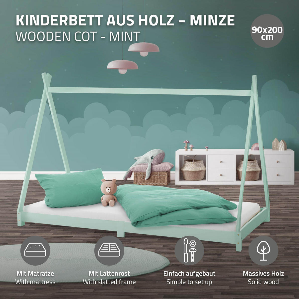 KINDERBETT Tipi mit Matratze 90x200 cm Mint - Mintgrün, Holz (90/200cm) - ML-DESIGN