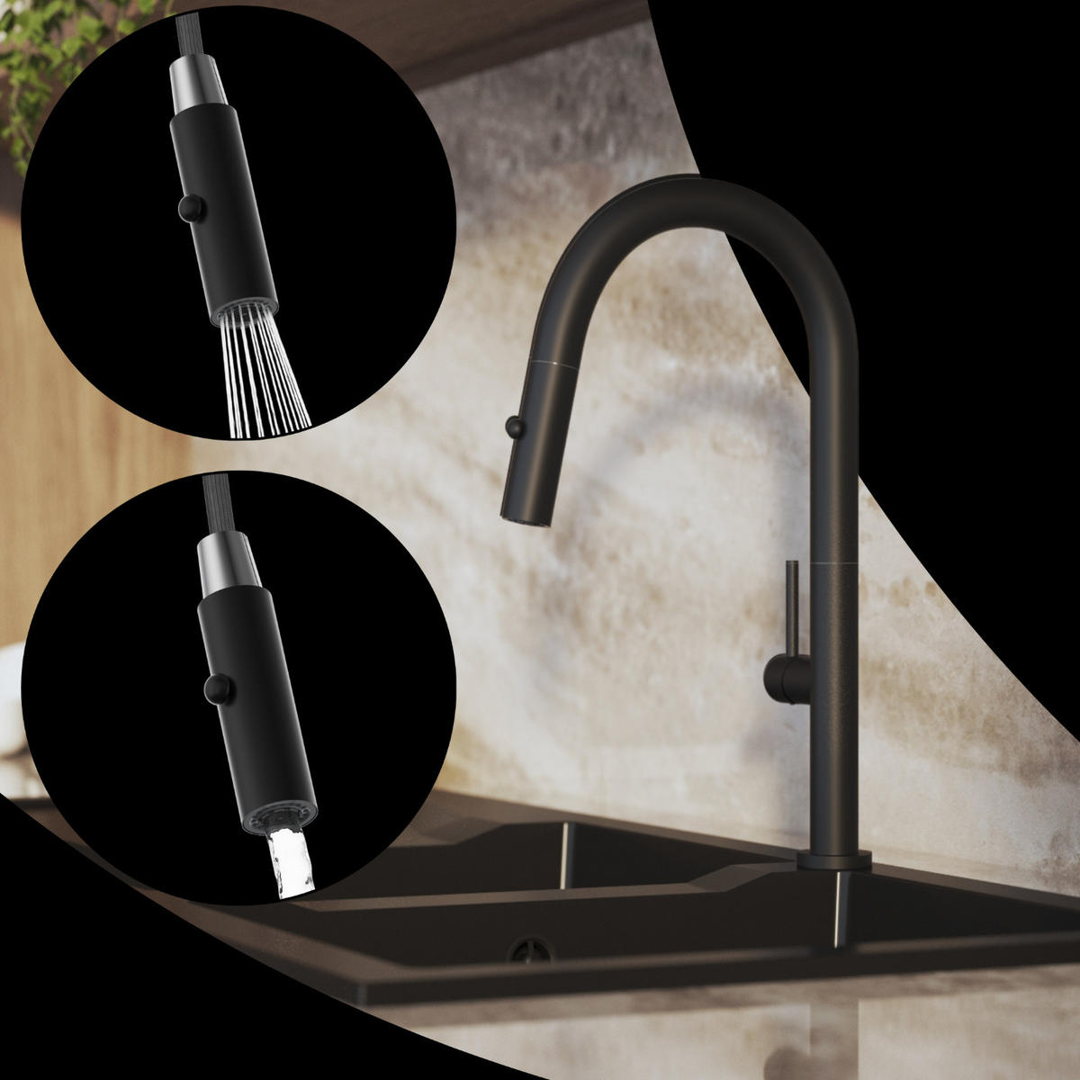 KÜCHENARMATUR Livia Schwarz - Schwarz, Metall (24/43/24cm) - Granitan