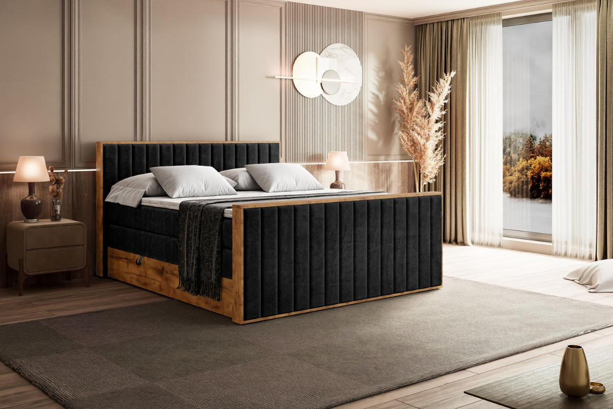 BOXSPRINGBETT mit Matratze H3|H4 und Lattenrost - LOLLI4-Z KING-160x200 - Schwarz Casablanca - Schwarz, Holzwerkstoff (160/200cm) - ALTDECOR