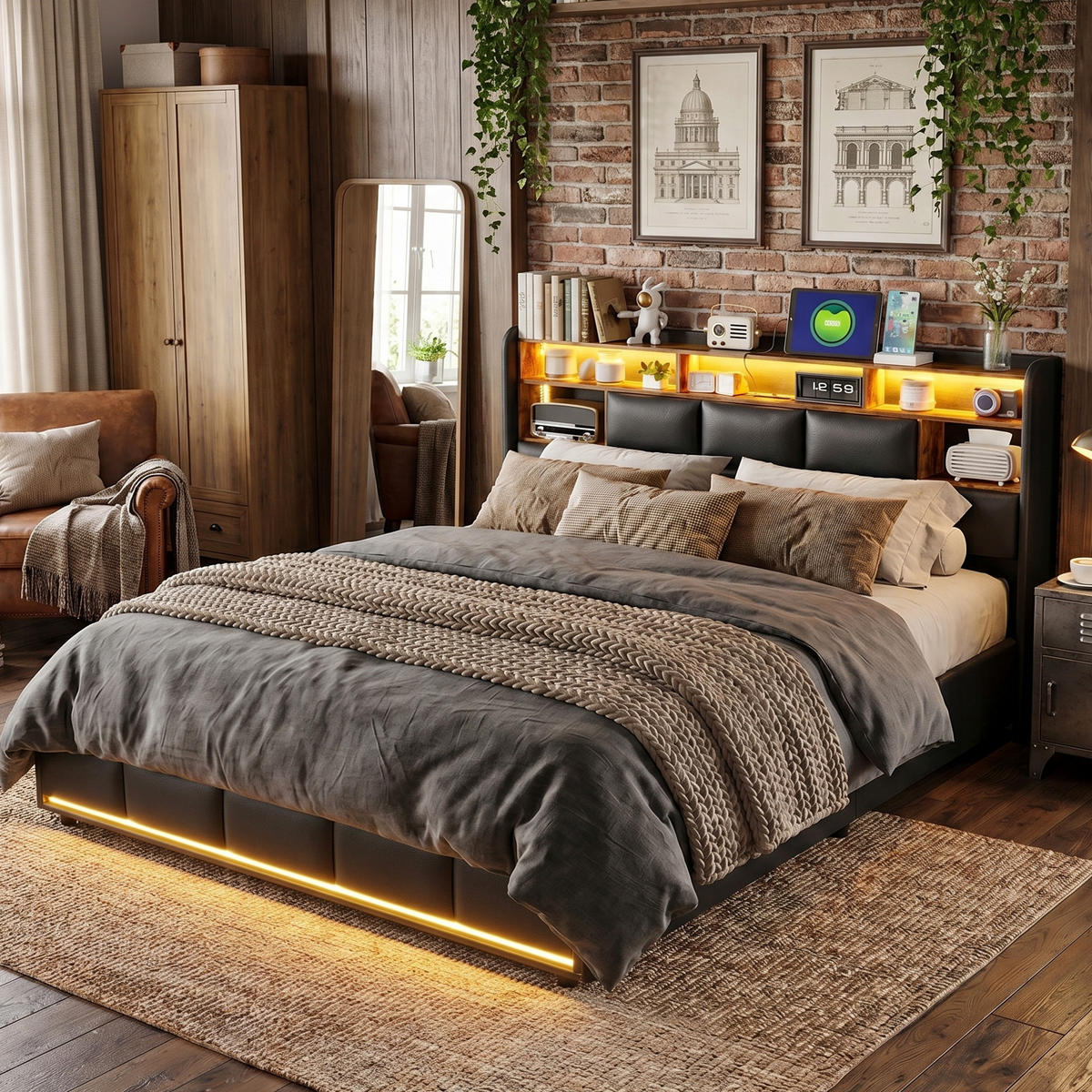POLSTERBETT Industrial 160/200 cm mit Bettkasten & Dual-LED Kunstleder Schwarz - Schwarz, Textil (160/200cm) - Creahappy