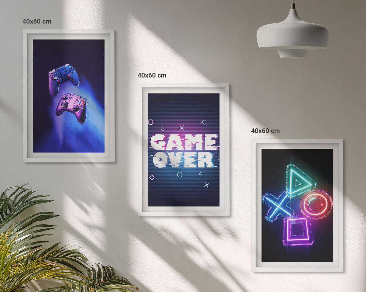 BILDER SET 3er Set - 40x60 cm Weißer Rahmen - Game Over Gamepads - Weiß, Kunststoff (40/60cm) - TULUP