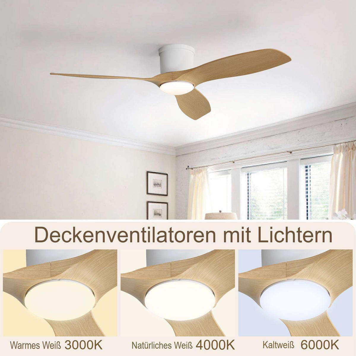 DECKENVENTILATOR 52Zoll Flach LED Licht ABS Flügel DC Motor - Weiß, Kunststoff (132/132/22.86cm) - CASIVA