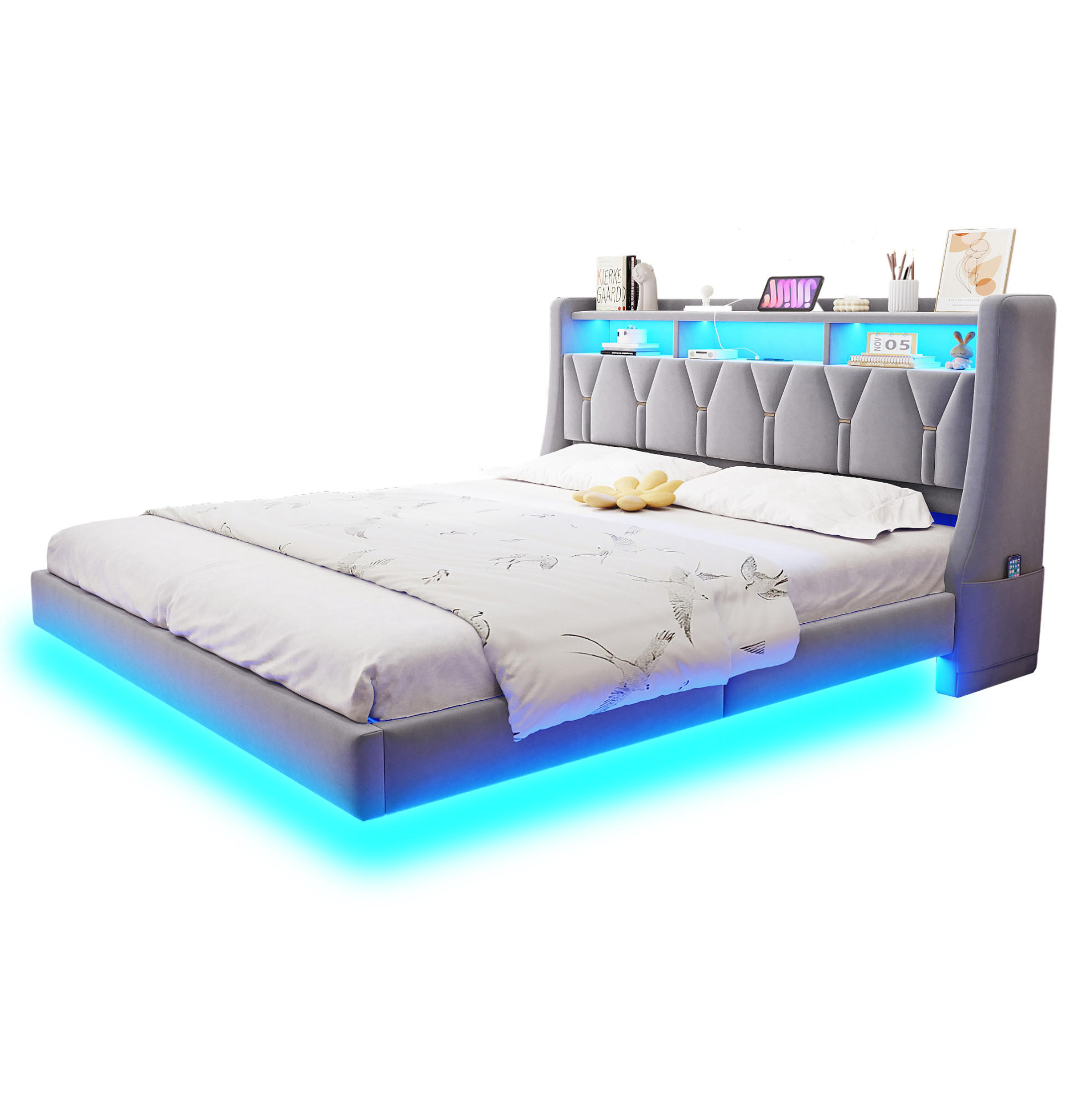 POLSTERBETT 180/200 cm mit LED, USB-/Typ-C-Anschluss, Stauraum-Kopfteil und Samtbezug, Hellgrau - Grau, Textil (180/200cm) - Redom