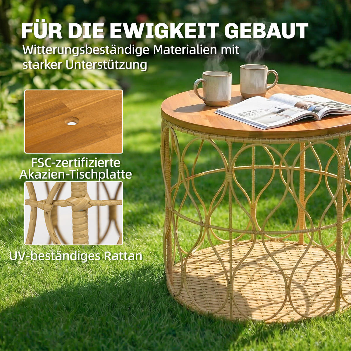 BEISTELLTISCH DE-07346 mit Rattanoptik und verstellbaren Füßen Teak - Teakfarben, Holz (50/50/47.5cm) - ComfortXL