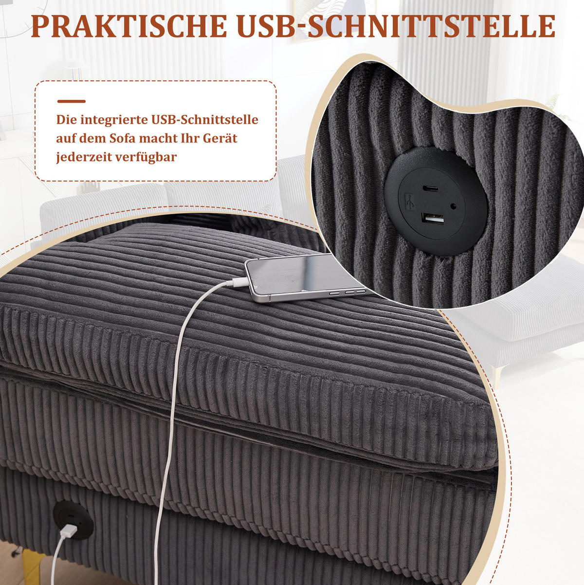 U-FORM Wohnlandschaft Samt mit LED und USB-Anschluss 265/135/88 cm Grau - Grau, Textil (135/88/265cm) - Redom