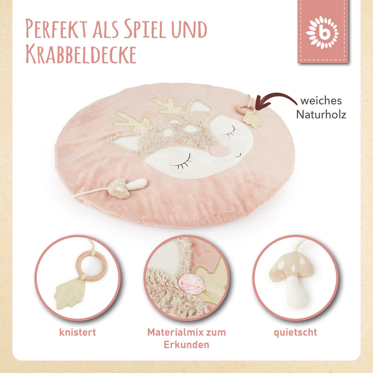 KRABBELDECKE mit Aktivität Reh - Rosa, Textil (70/70cm) - Bieco Spielwaren