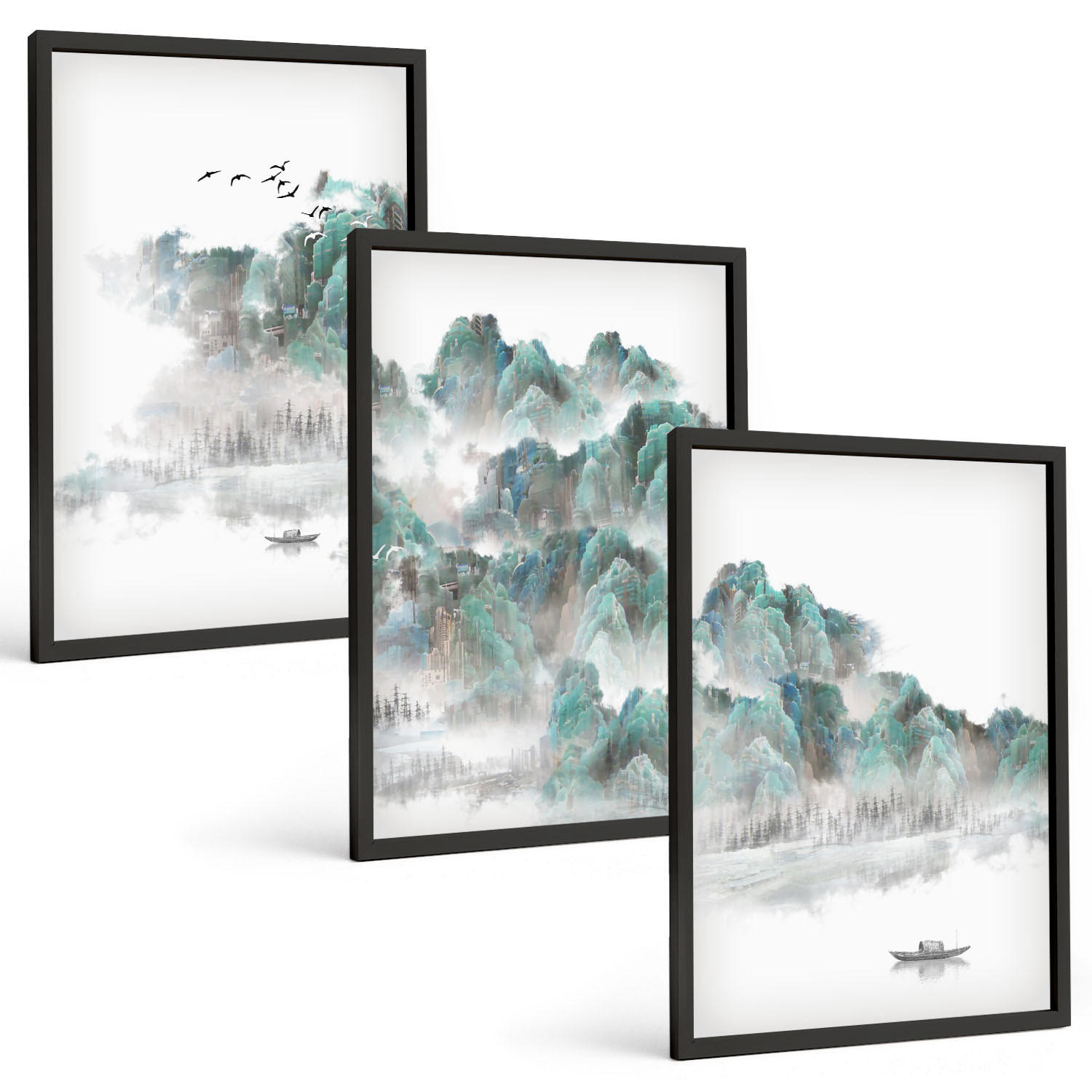 BILDER SET 3er Set - 40x60 cm Schwarzer Rahmen - Berge, Wolken, Vögel, Boot, Japandi - Schwarz, Kunststoff (40/60cm) - TULUP