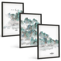BILDER SET 3er Set - 40x60 cm Schwarzer Rahmen - Berge, Wolken, Vögel, Boot, Japandi - Schwarz, Kunststoff (40/60cm) - TULUP