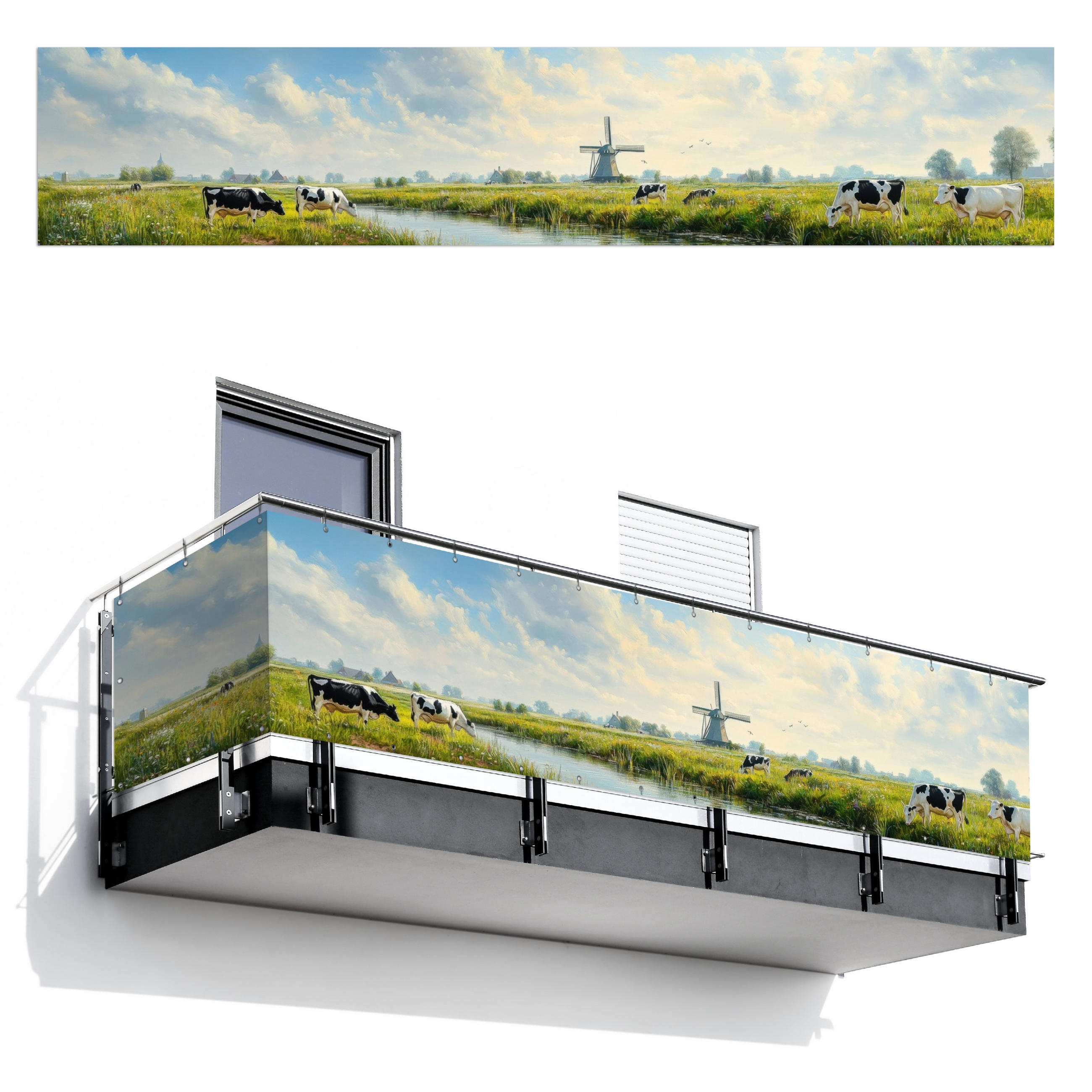 BALKON-SICHTSCHUTZ Kühe - Windmühle - Wiese - Blau - Grün, Kunststoff (500/100cm) - MuchoWow